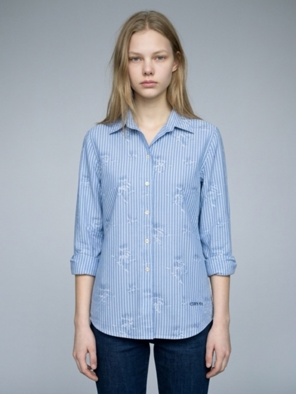 Orvis - Wrinkle‑Free Blue Striped Button‑Down Shirt - Floral - Size 8‎